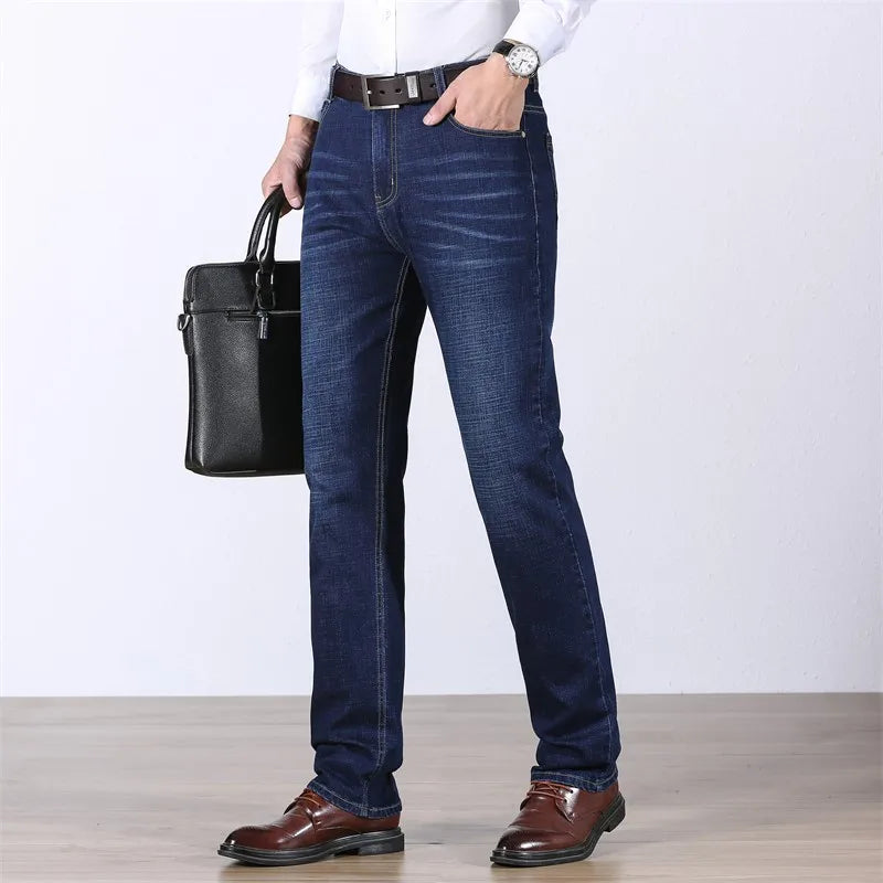 Fashion Men Brand Denim Jeans Business Casual Stretch Straight Work OL Pants Blue Black Trousers