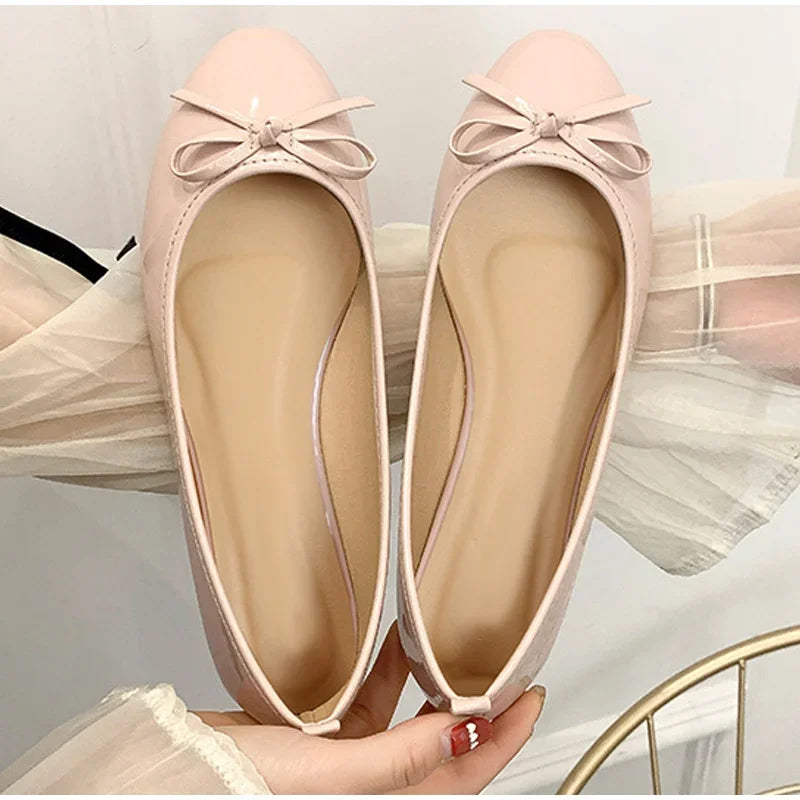 Women's Casual Patent Leather Korean Shoes Ladies Bowknot Shallow Elegant Female Moccasins Summer Autumn Flats Shoe 2023