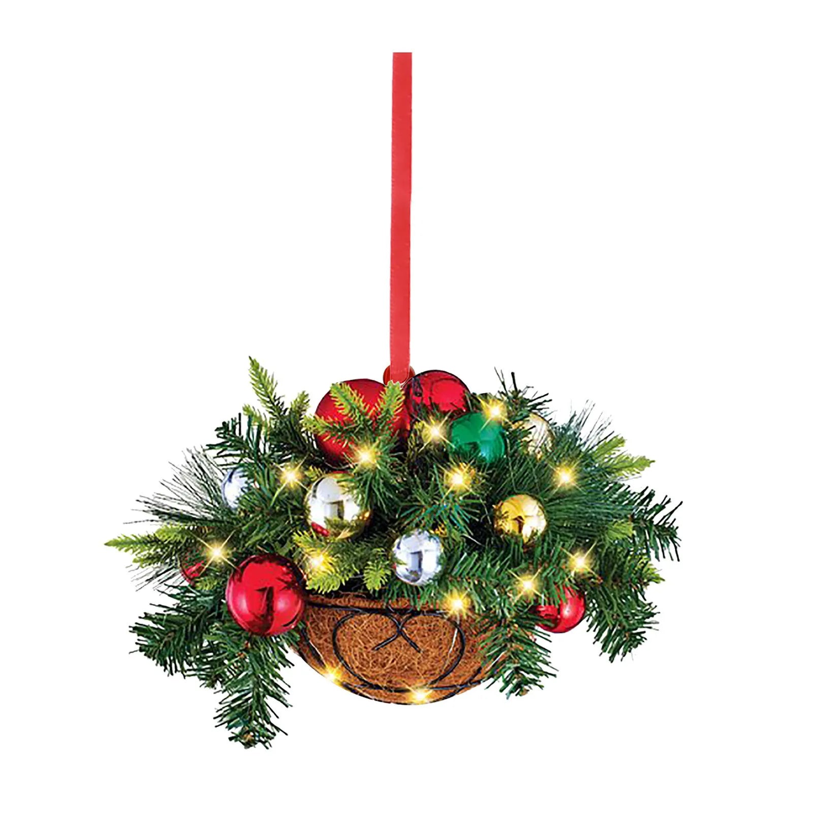 Artificial Hanging Flower Basket Christmas Pendant 2D Green Red Wreath Plant Xmas Tree Ornaments Merry Christmas Decoration Noel