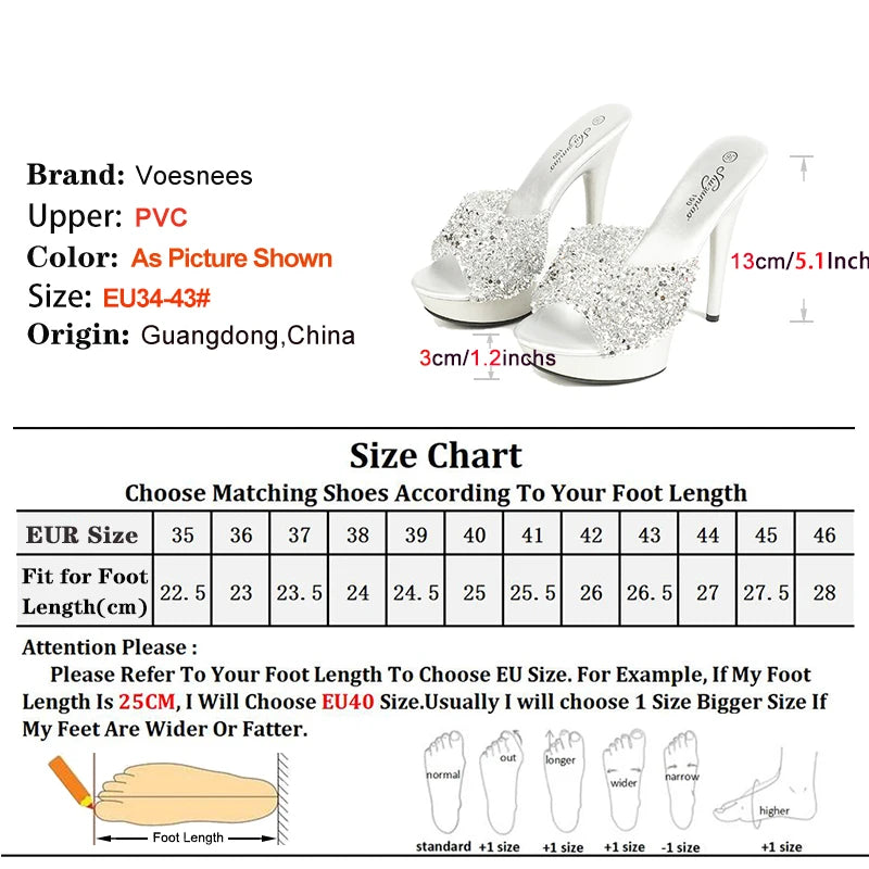 Red Sequin Bling Slippers Slip-On Sandals Nightclub Women High Heels Summer Thin Heeled Party Shoes