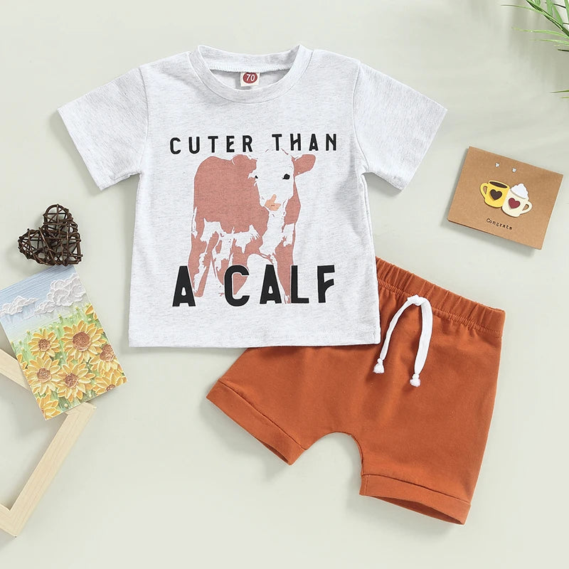 Toddler Summer Clothes Cow Letter Print Short Sleeve T-shirt and Stretch Casual Shorts Set for Boys and Girls