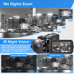 2.7K Camcorder Video Camera 36MP with LED Fill Light,16X Digital Zoom Camera Recorder