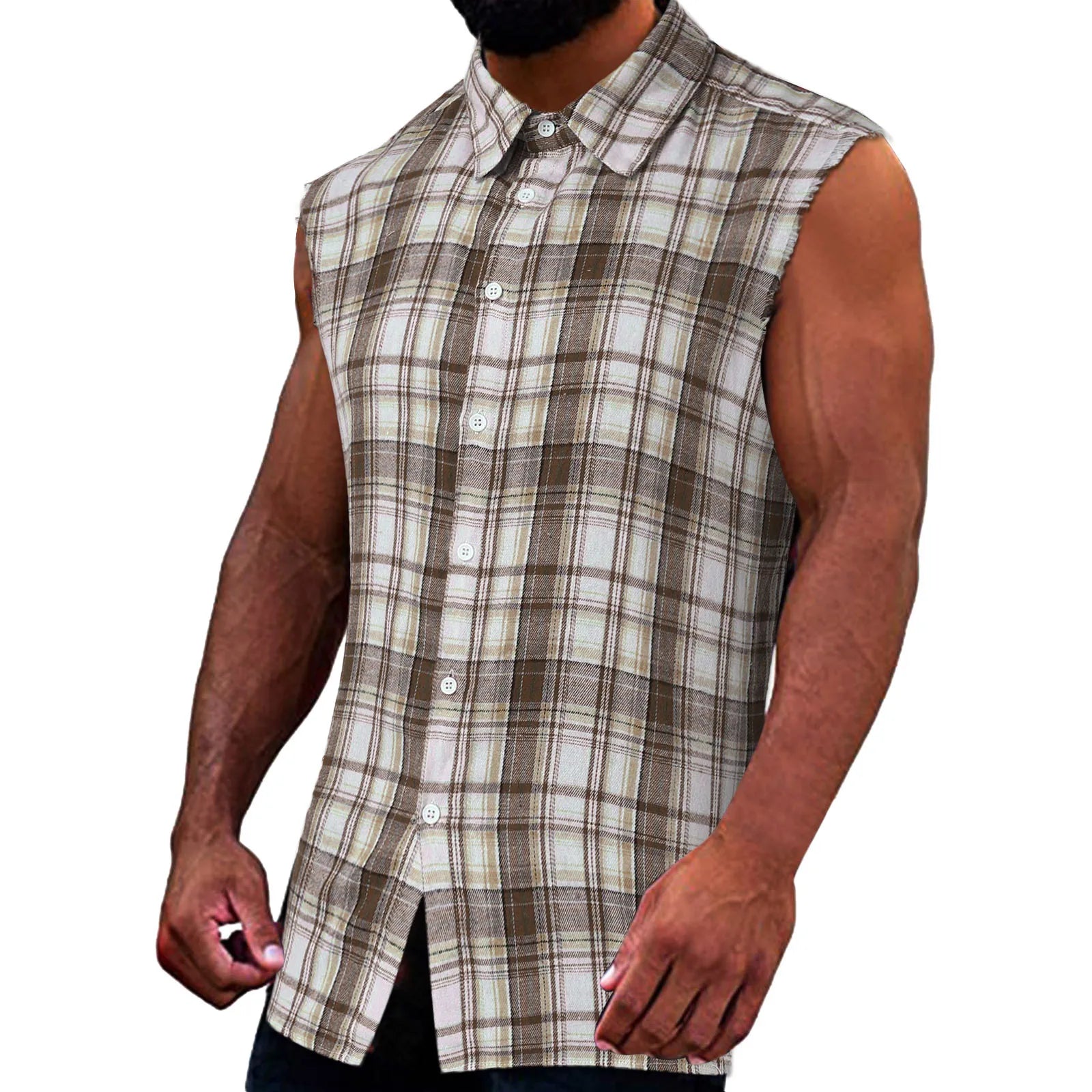 Men's Summer Fashion Casual Plaid Print Sleeveless T Shirt