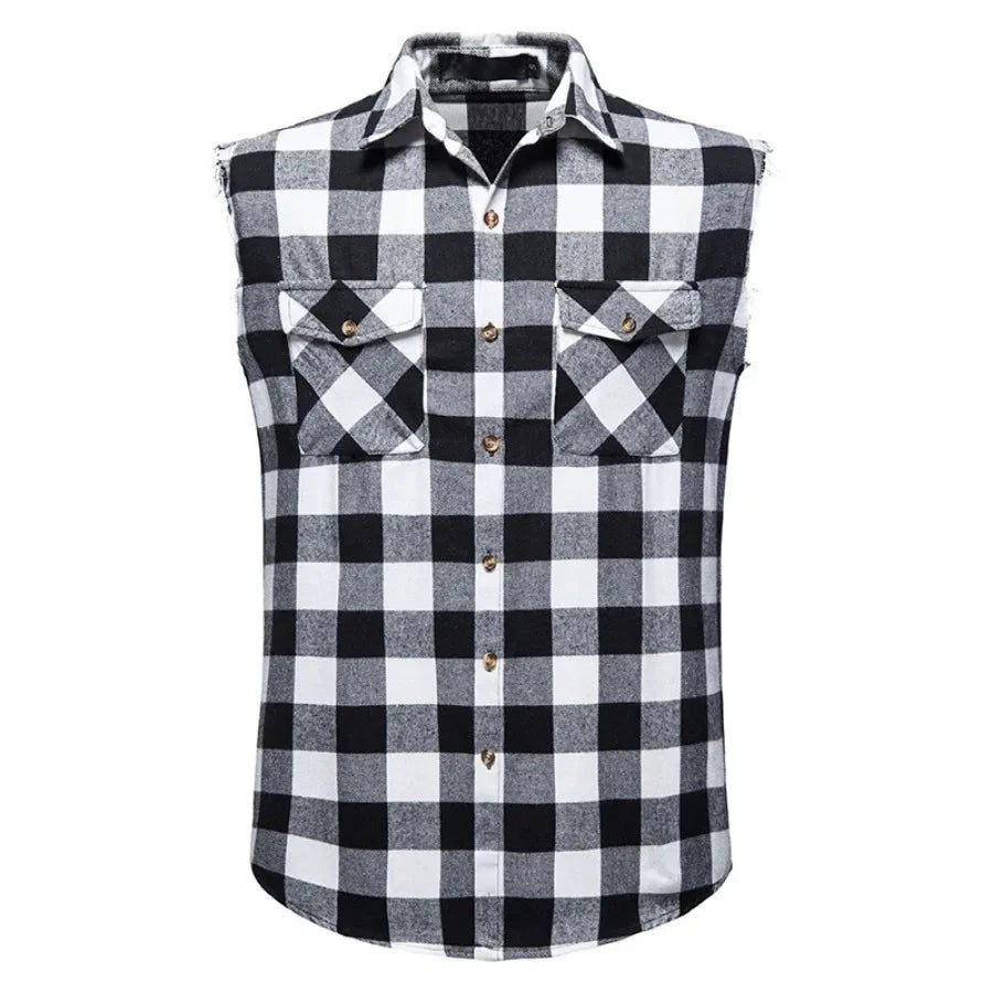 Men's Plaid Sleeveless Vests Turn-down Collar Shirts Vest Casual Single-breasted Plaid Tank Top