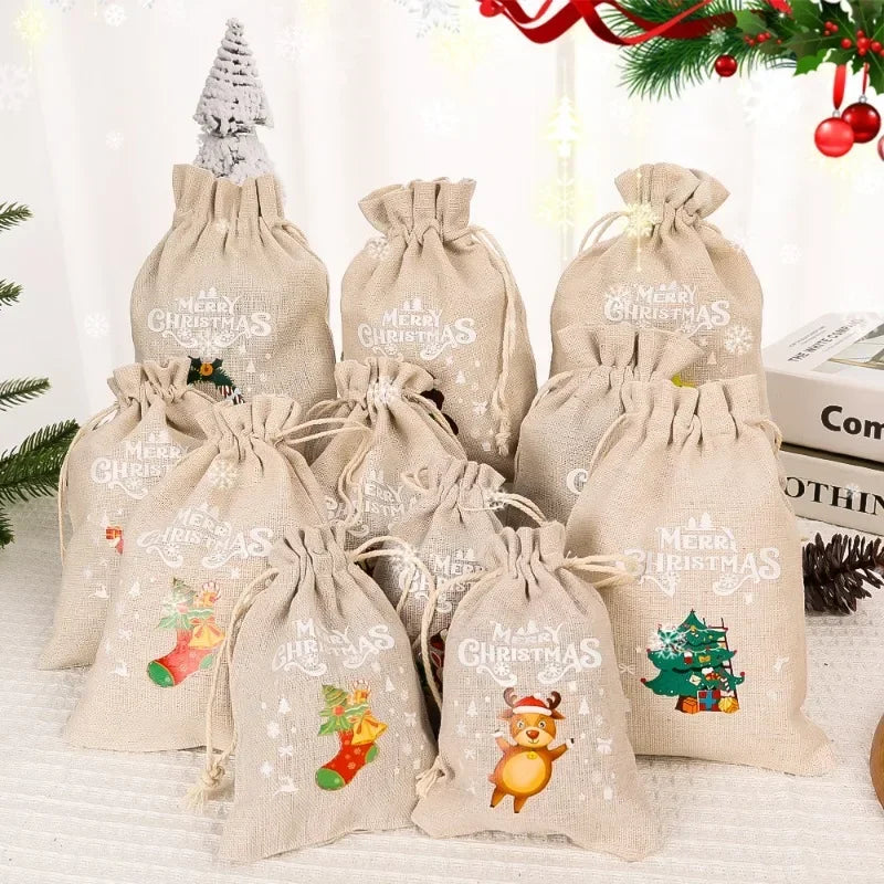 Burlap Christmas Bag Santa Claus Snowman Drawstring Candy Cookies Pouch Xmas