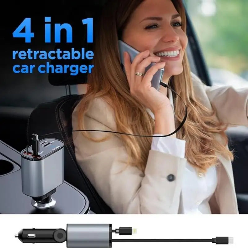 Retractable Car Charger, 4 in 1 USB C Car Charger 60W,Retractable Cables (2.6Ft) and 2 USB Ports Car Charger Adapter