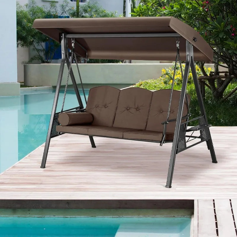 3-Seat Outdoor Patio Swing Chair with Weather Resistant Steel Frame, Adjustable Canopy