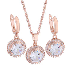 Rose Gold Color High Quality White Natural Zircon Round Earrings Luxury Elegant Women's Jewelry Set