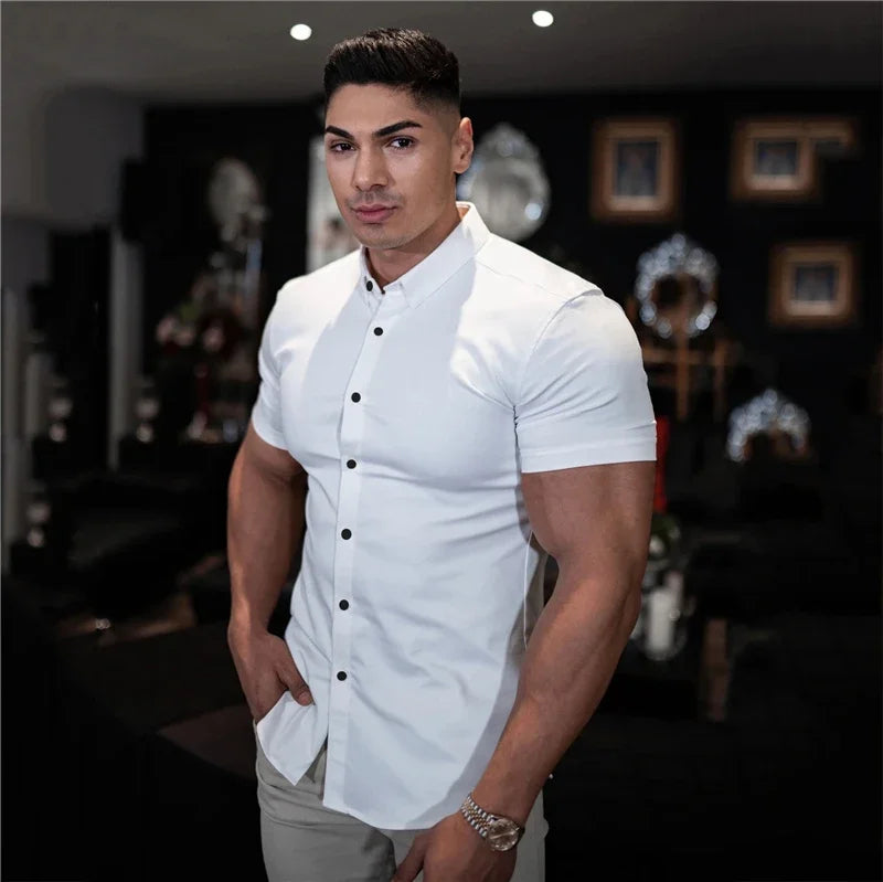 Summer Fashion Short Sleeve Shirt Men Super Slim Fit Male Casual Social Business Dress Shirt Brand Men Fitness Sports Clothing