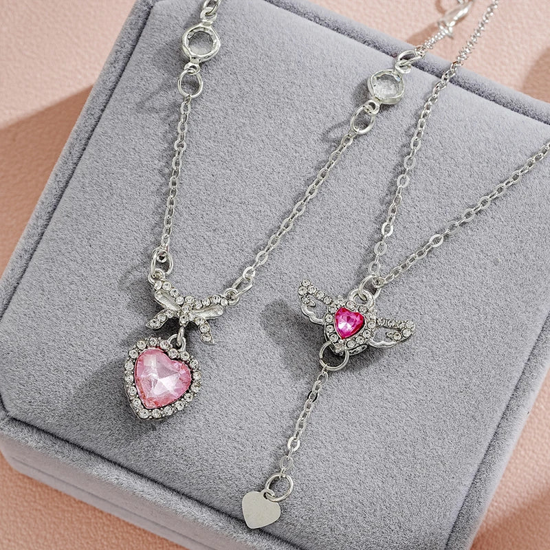 Crystal Angel Wings Heart Pendant Necklaces Set