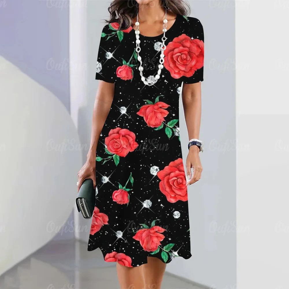 Short Sleeves Woman Clothing Dresses Retro Women's Clothing 3d Flowers Dress Loose Round Neck A-Line Skirts Summer Red Outfits