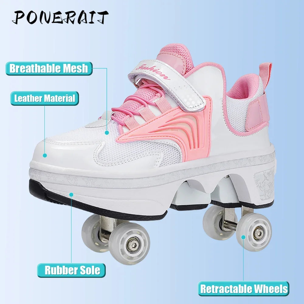 Child's 4-wheel Dual-purpose Roller Shoes Outdoor Kids Deformed Shoes With Wheels Fashion Parkour Sneakers For Girls From Gift