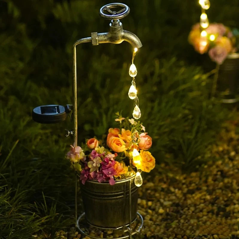 Solar Watering Tap Lights Led Iron Planter Lantern Waterproof Yard Outdoor Garden Decoration