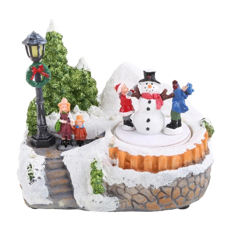 Christmas LED Light Musical Village Resin Ornament Revolving Snowman Tree Decor