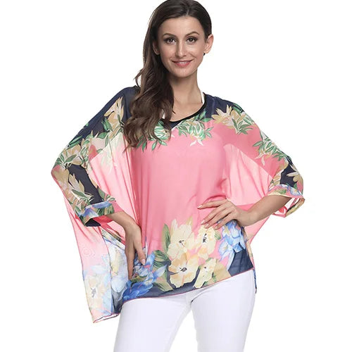 Women New Striped Print Summer Tops Tees Batwing Sleeve Casual Chiffon Blouses