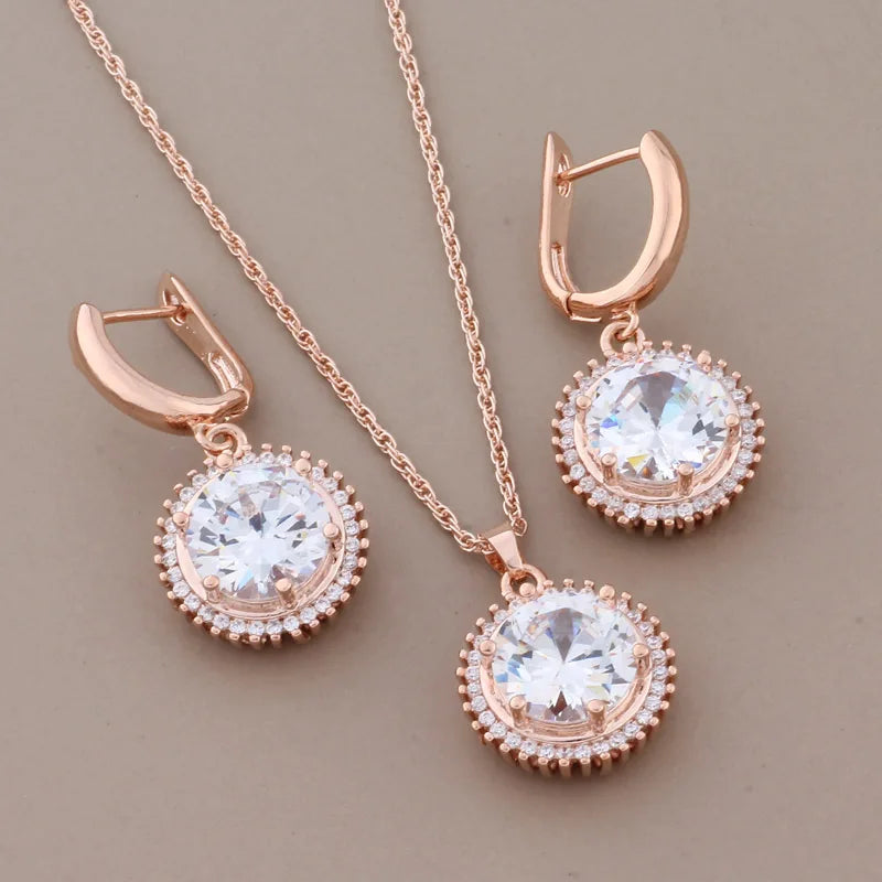 Rose Gold Color High Quality White Natural Zircon Round Earrings Luxury Elegant Women's Jewelry Set