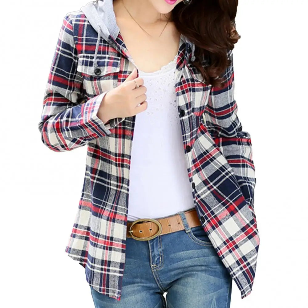 Women Shirt Fashion Loose Long Sleeve Cardigan Coat Classic Plaid Hood Button-up Cotton Shirt Coat Women's Clothing