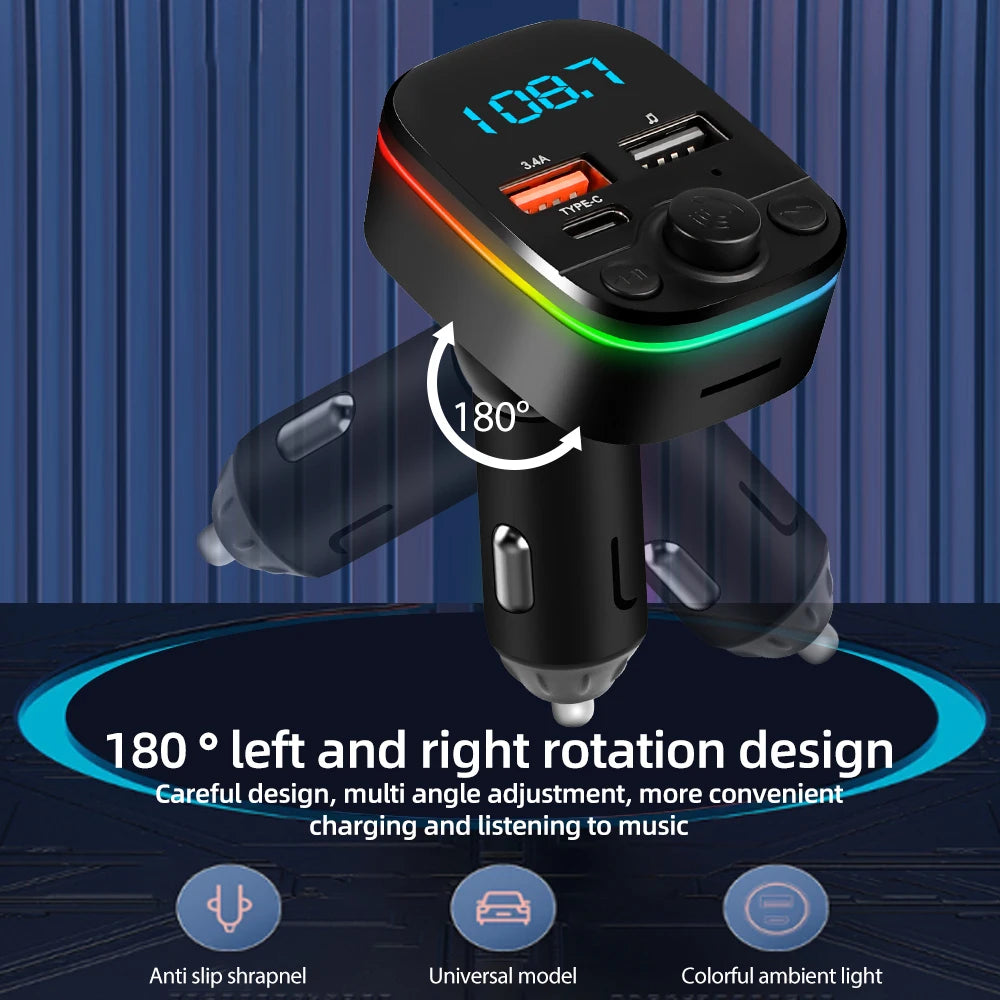 FM Transmitter Bluetooth Car 3.1A Dual USB Port+Type-C Charge Handsfree Call Wireless Aux Audio Radio Modulator MP3 Player