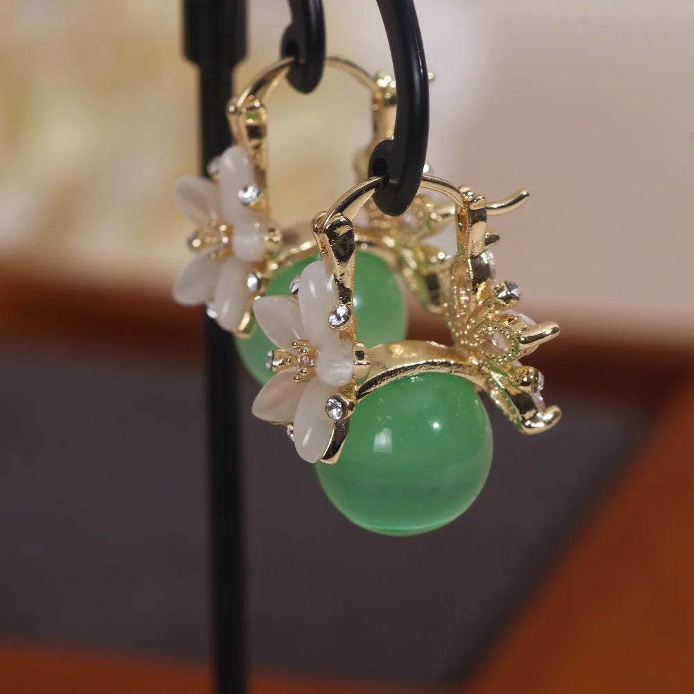 Trendy Female Green Opal Ball Drop Earrings Gold Color Wedding Party Earrings