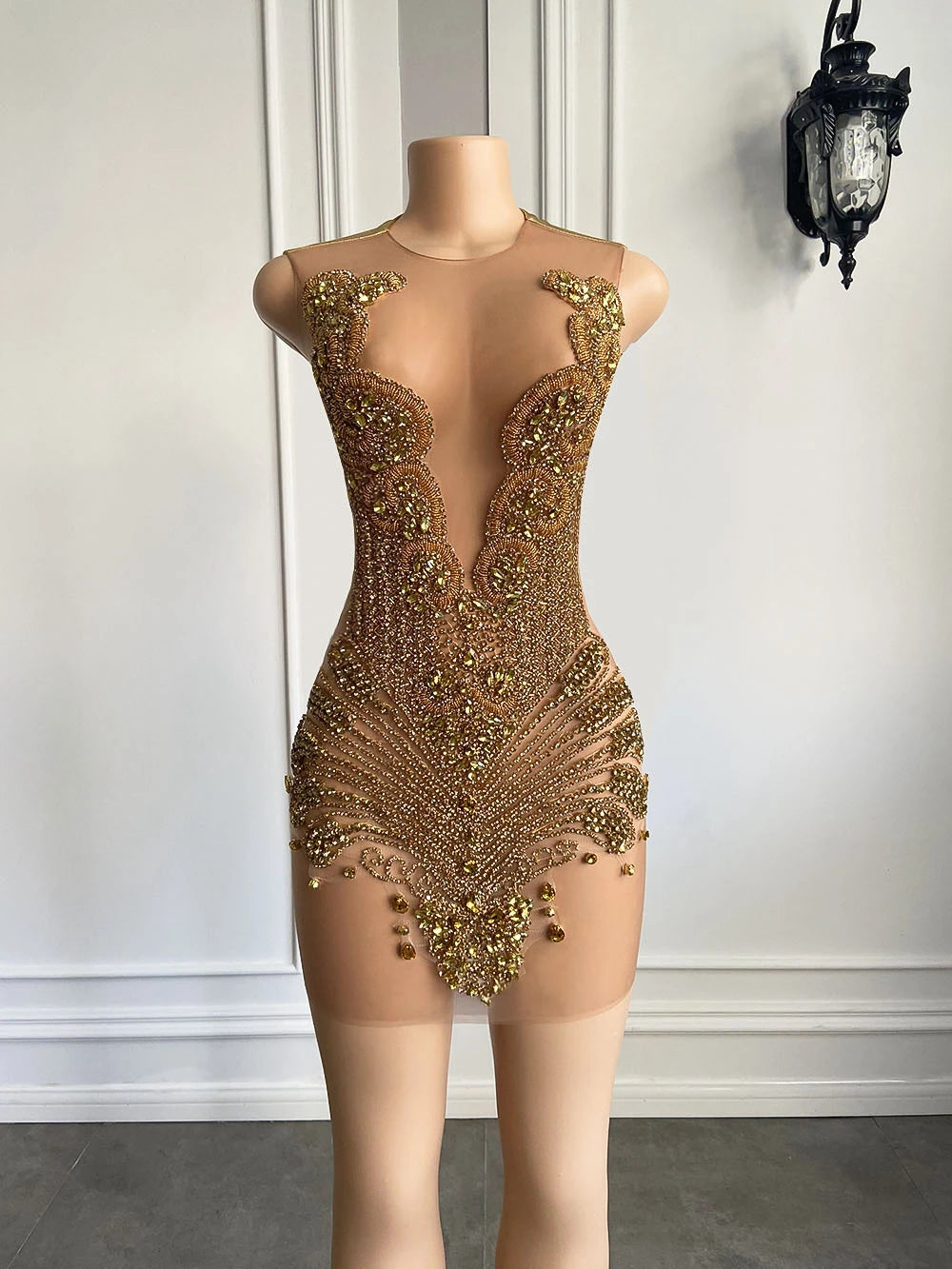 Short Prom Dress Golden Diamond Luxury Beaded Crystals Women Cocktail Party Gowns