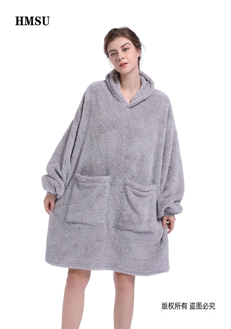 HMSU Oversized Hoodie Blanket With Sleeves Sweatshirt Plaid Winter Fleece Hoody