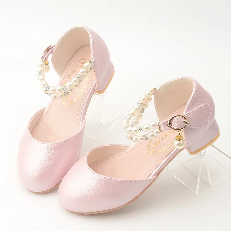 Children Girls Leather White Princess High Heel Kid Dress Student Show Dance Sandal Shoes