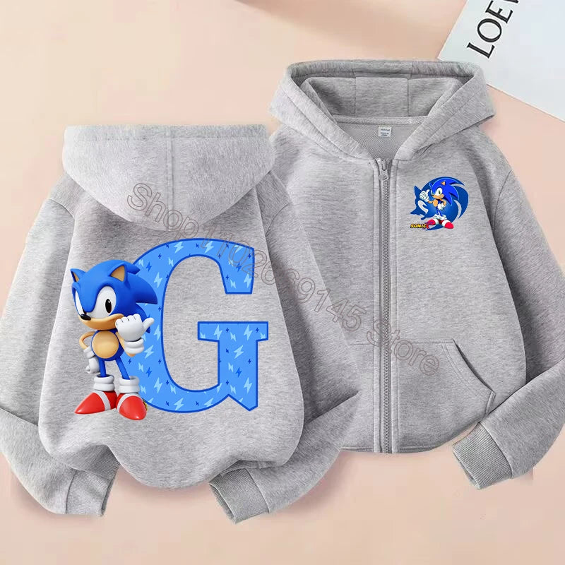 New Sonics Boys Zip-up Hoodies Kids Anime Hoodie Cartoon Letter Printed Tops Winter Warm Jacket Coat Autumn Children Clothing