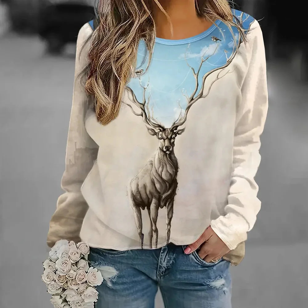 Christmas Women's Long Sleeve Tops Fashionable 3d Snowman Printed Loose Pullovers