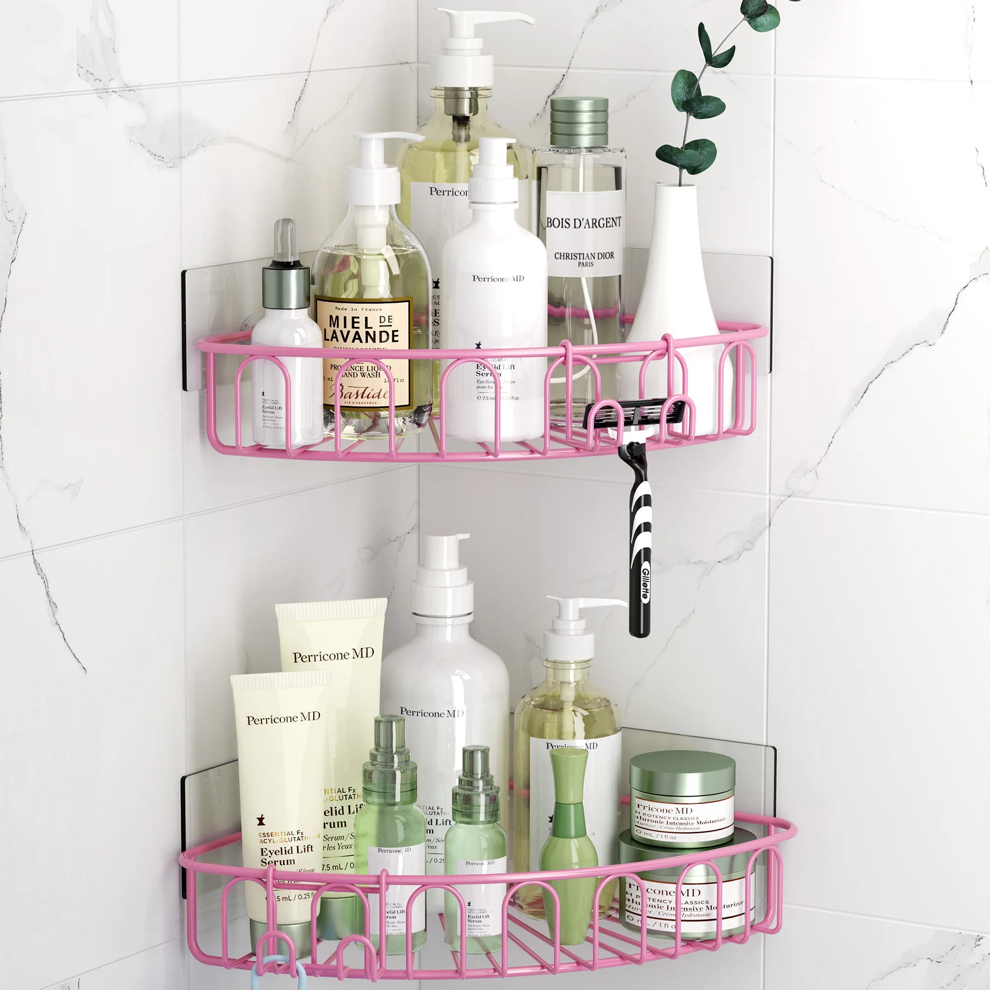 Metal Pink Bathroom Shower Corner Shelves Adhesive Wall Mount Basket Rack with 2 Hooks Shampoo Organizer