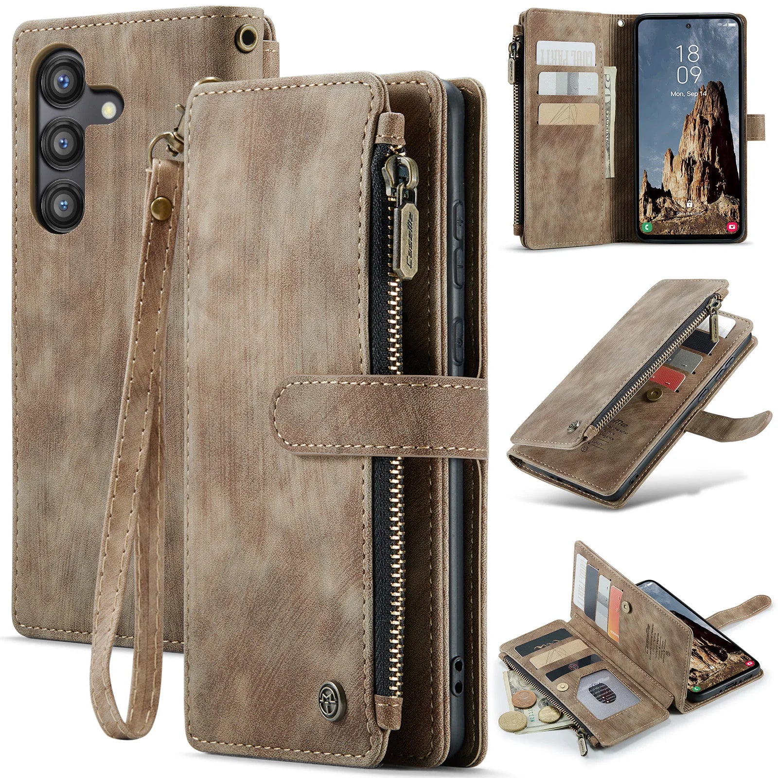 For Samsung Galaxy A15 A25 A35 A55 5G Zipper Wallet Phone Case with Lanyard Card Slots Kickstand Flip PU Leather Covers