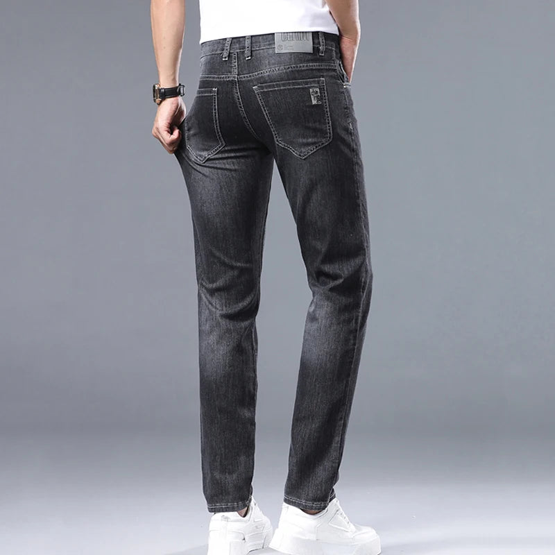 Summer Thin Men's Jeans Embroidered New Denim High Quality Elastic Small Straight Trousers