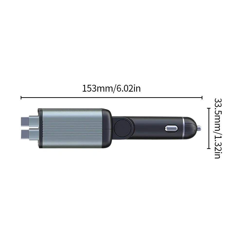 Car charger PD 90W fast charging USB/Type-C retractable cable Digital display Ambient light