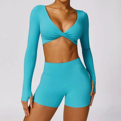 Women's Fitness Suit Yoga Wear Shorts Sports Gym Long Sleeve Workout  Set