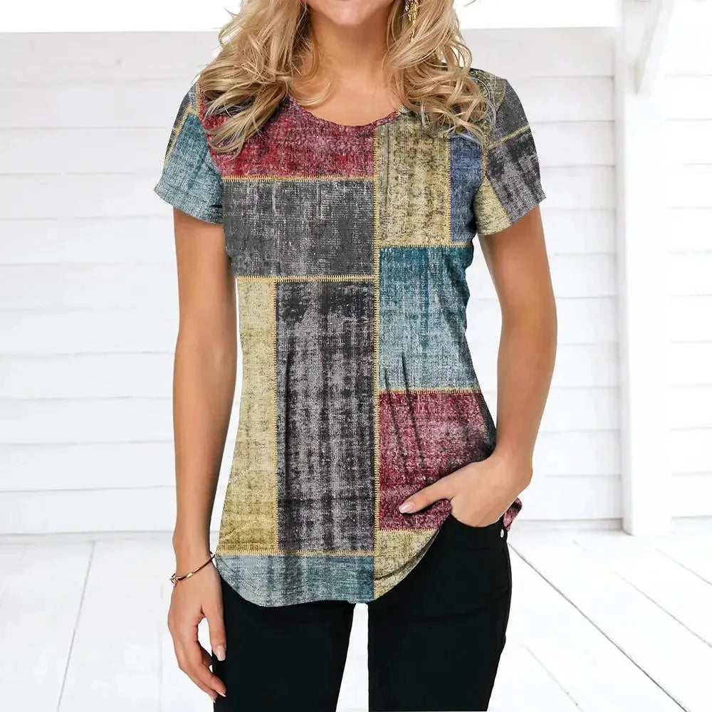 Retro Women's T-shirt Plaid Print Tees Patchwork Clothes O Neck Short Sleeve Blouse Oversized Ladies Tops