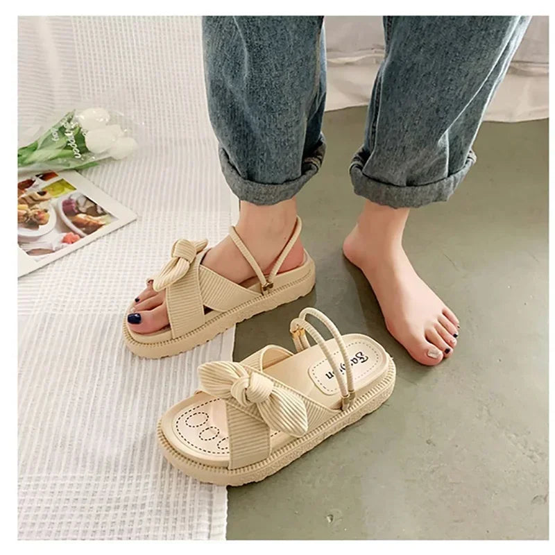 Lady Summer Slippers Thick Platform Flat Sandals with Butterfly-Knot Summer Flip Flops Sandals Women Shoes