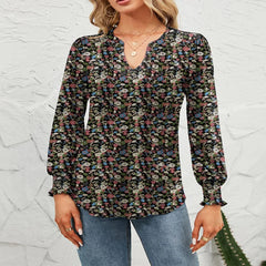 Plus size casual shirt, fully printed lantern sleeve V-neck top, with pleats on the chest, waist cinching slim fit shirt