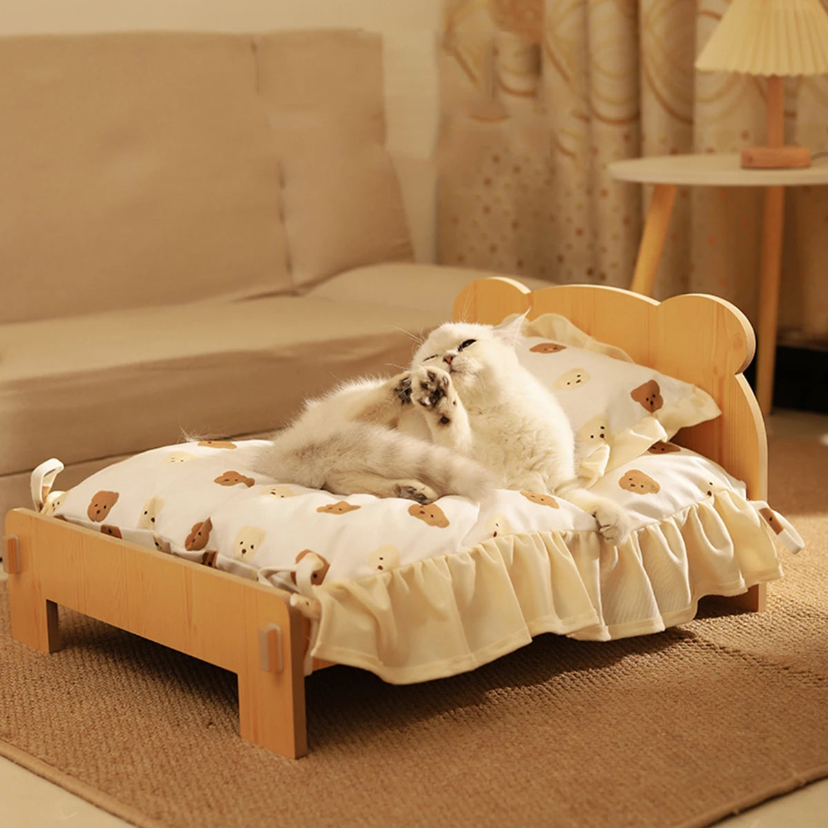 Cat Bed Wooden Cat And Dog Bed With Teddy Bear Pattern Indoor Pet Furniture Floor To Ceiling Bed