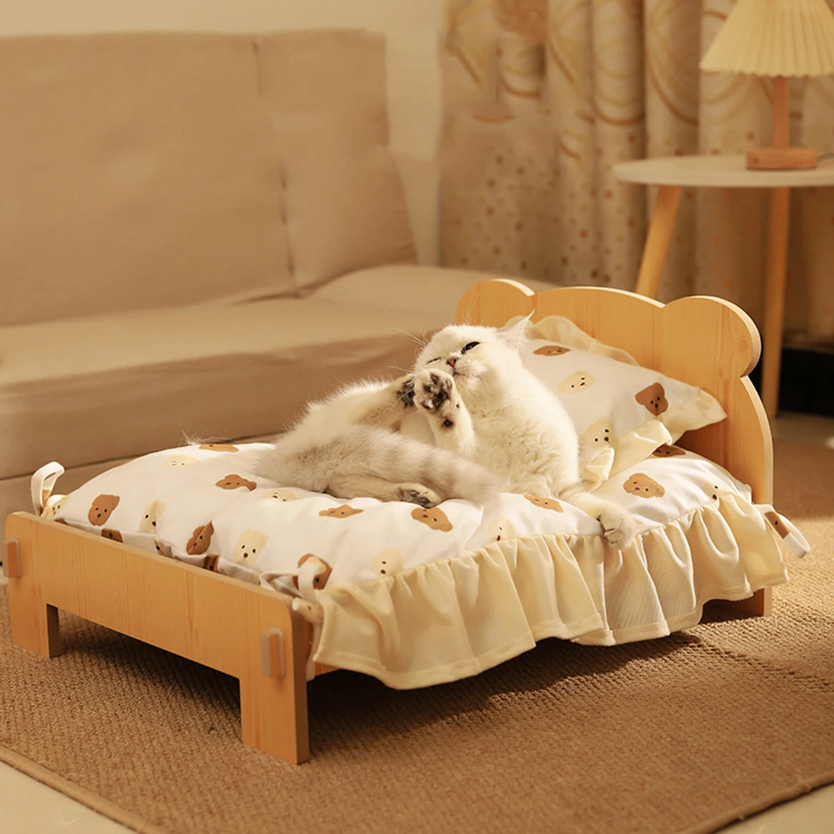 Cat Bed Wooden Cat And Dog Bed With Teddy Bear Pattern Indoor Pet Furniture Floor To Ceiling Bed(20*11inch)Comfortable Durable