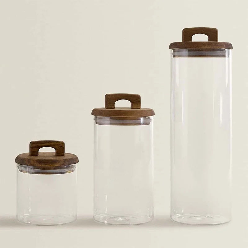 Glass Food Storage Tank with Wooden Lid Kitchen Coffee Beans Candy Tea Grains Canister