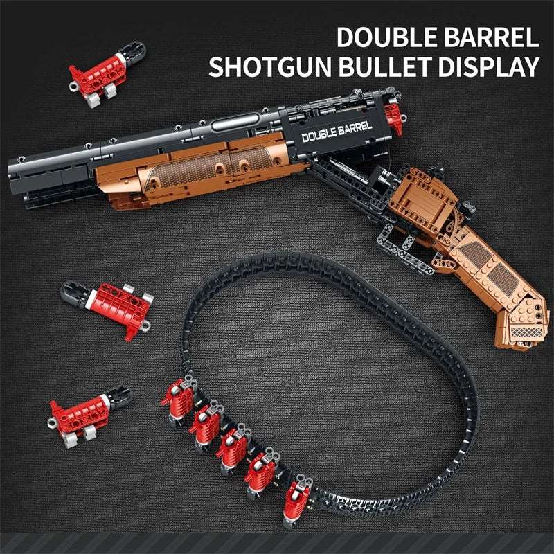 1006PCS Double Barrel Shotgun Weapon Model Building Blocks Military Classic Gun With Bullet Belt Bricks