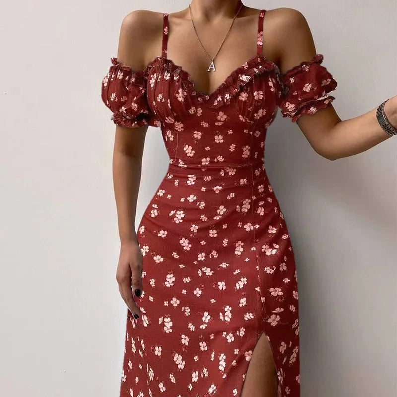 Women Elegant Off Shoulder V Neck Long Dress Sling Ruffle Strapless Slit Party Dress Spring Floral Print Slim Dress