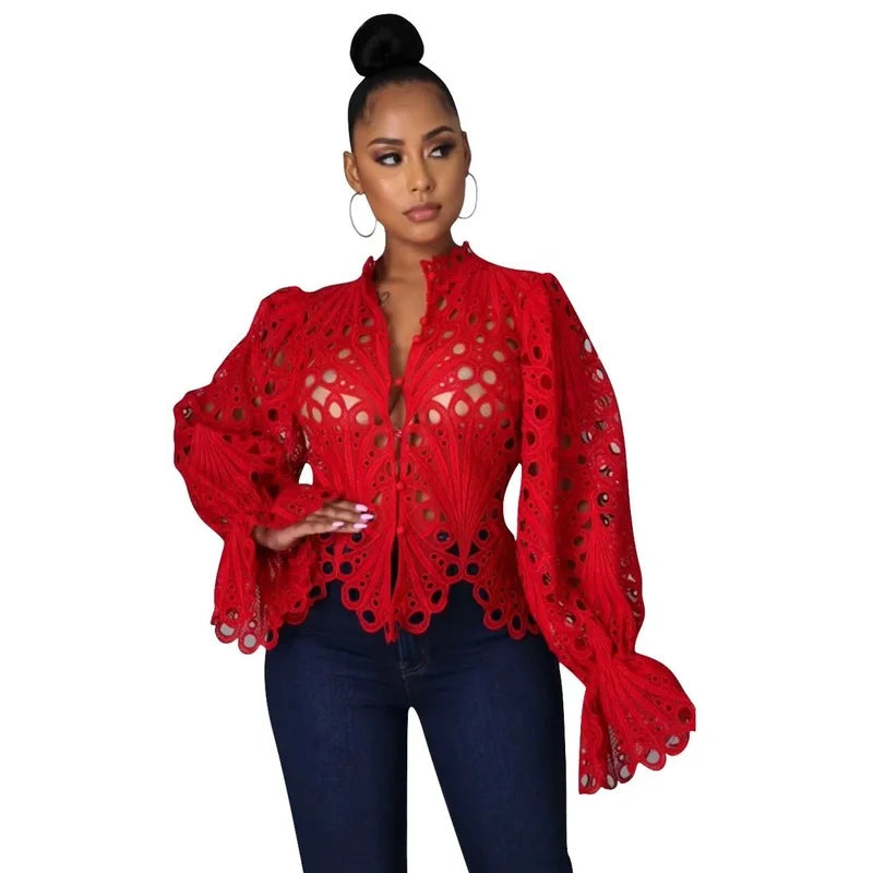 Casual Lantern Long Sleeve Stand Collar Shirts Lace Hollow Out Short Blouse Female Elegant Red/Pink/White Loose Tops