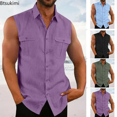 Spring Summer Men's Leisure Cotton Linen Tank Tops Casual Solid Color Buttoned Lapel Sleeveless Vest Shirt