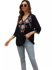 KHALEE YOSE Boho Floral Embroidery Blouse Shirt Black Summer Spring Mexican Shirt