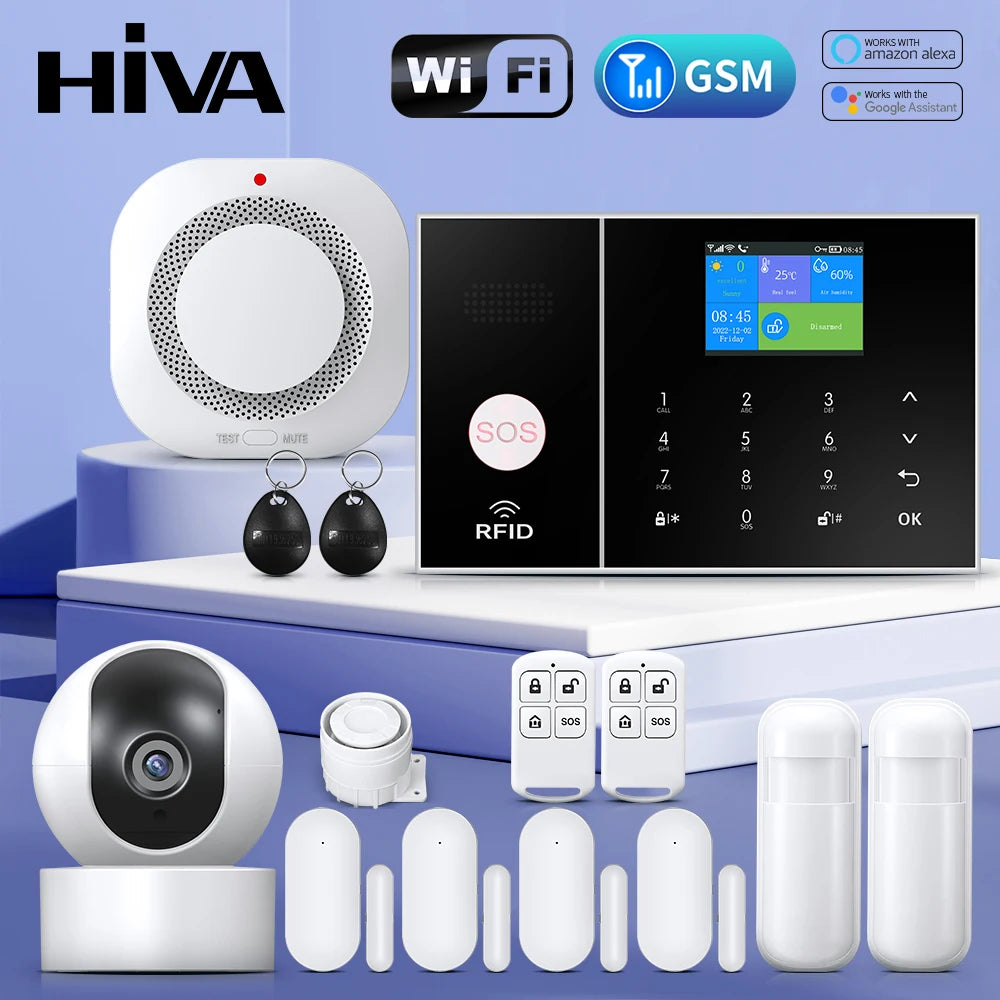 HIVA Security Alarm System for Home GSM Wifi Tuya Smart Life App Control Burglar Alarm Kit with PIR Door Sensor