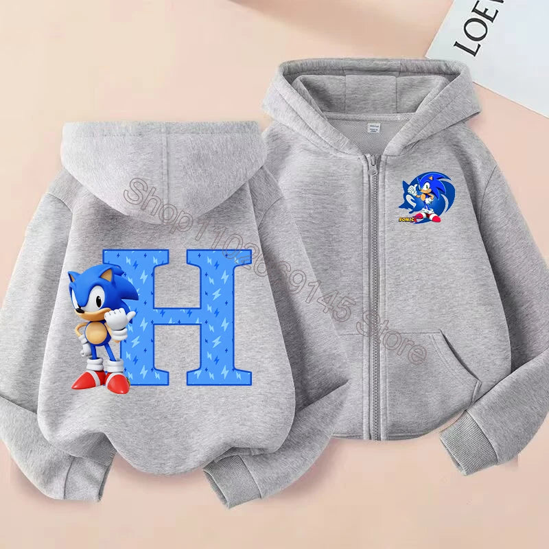 New Sonics Boys Zip-up Hoodies Kids Anime Hoodie Cartoon Letter Printed Tops Winter Warm Jacket Coat Autumn Children Clothing