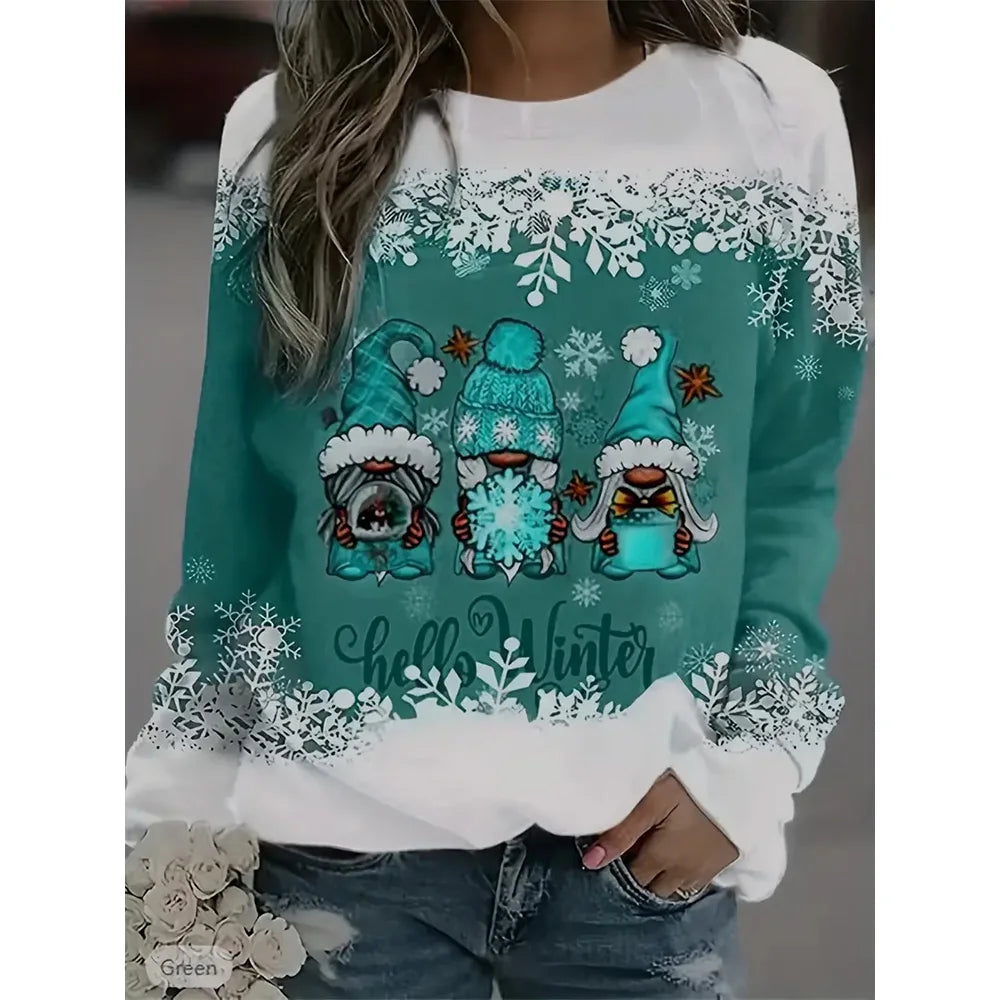 Christmas Women's Long Sleeve Tops Fashionable 3d Snowman Printed Loose Pullovers