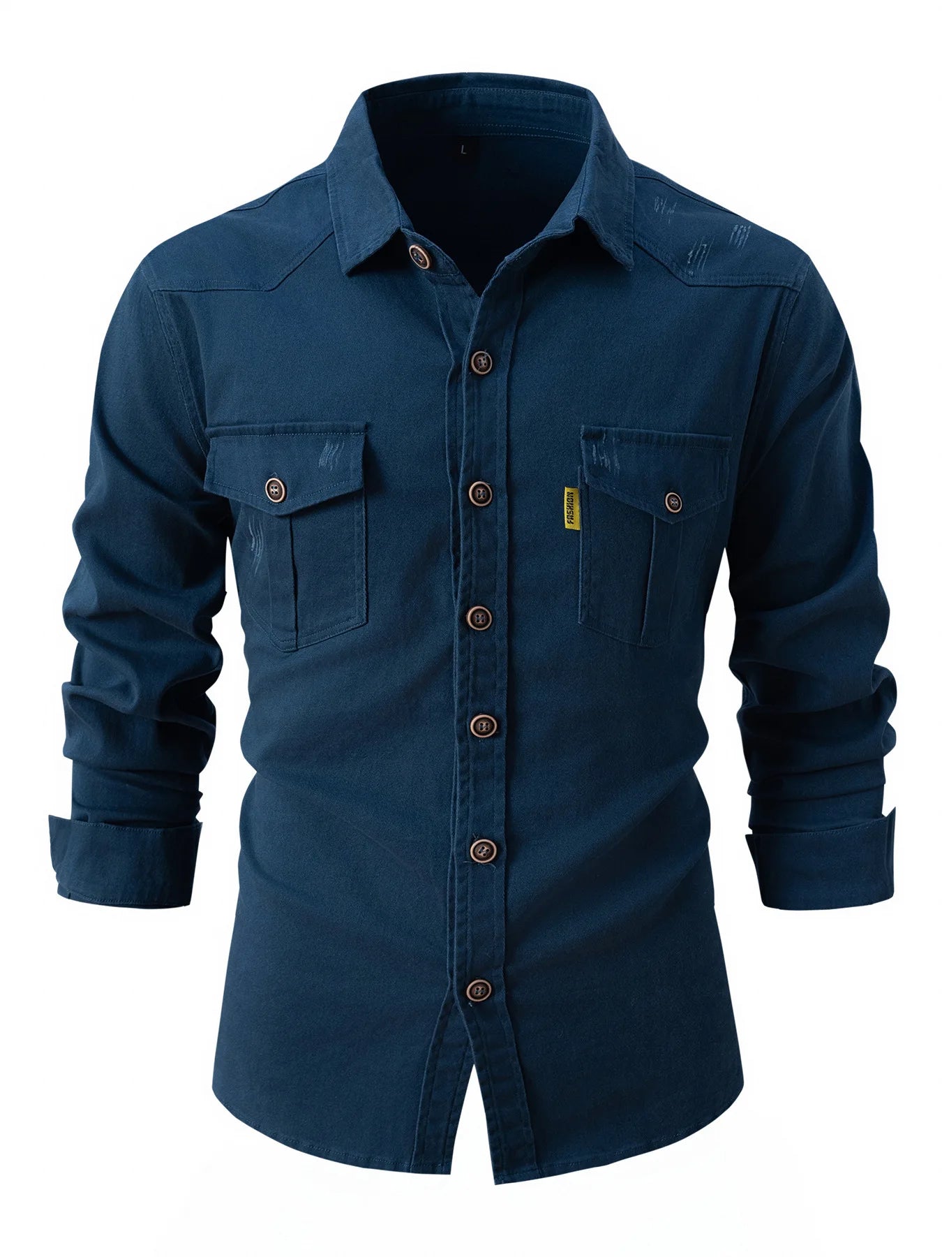 Autumn men's denim cotton linen single-breasted lapel pocket long sleeve shirt slim top