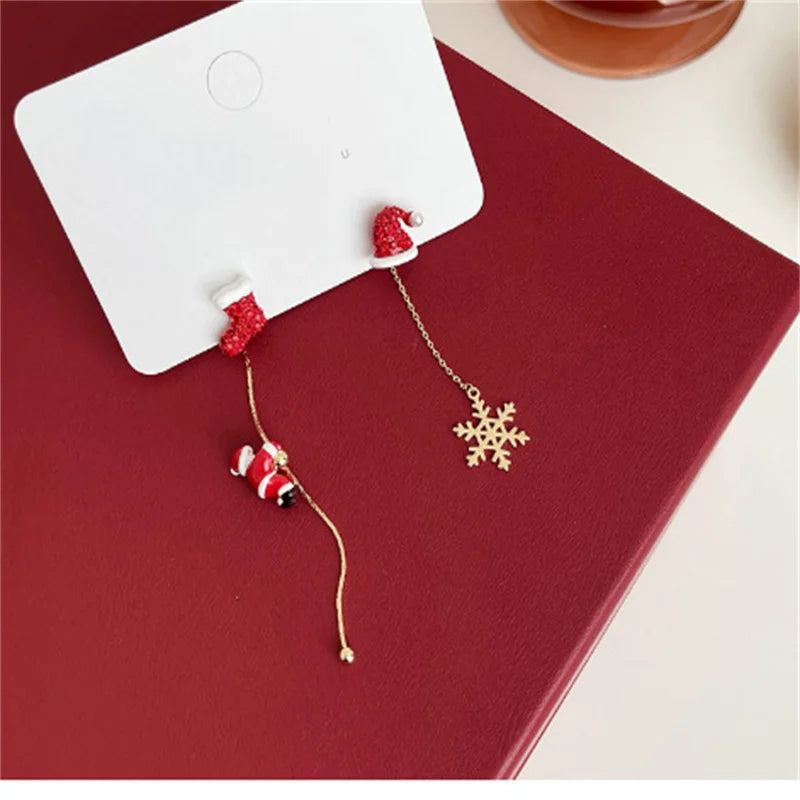 Asymmetric Snowflake Christmas Boot Hat Drop Earrings for Women Moving Santa Claus Long Tassel Earring