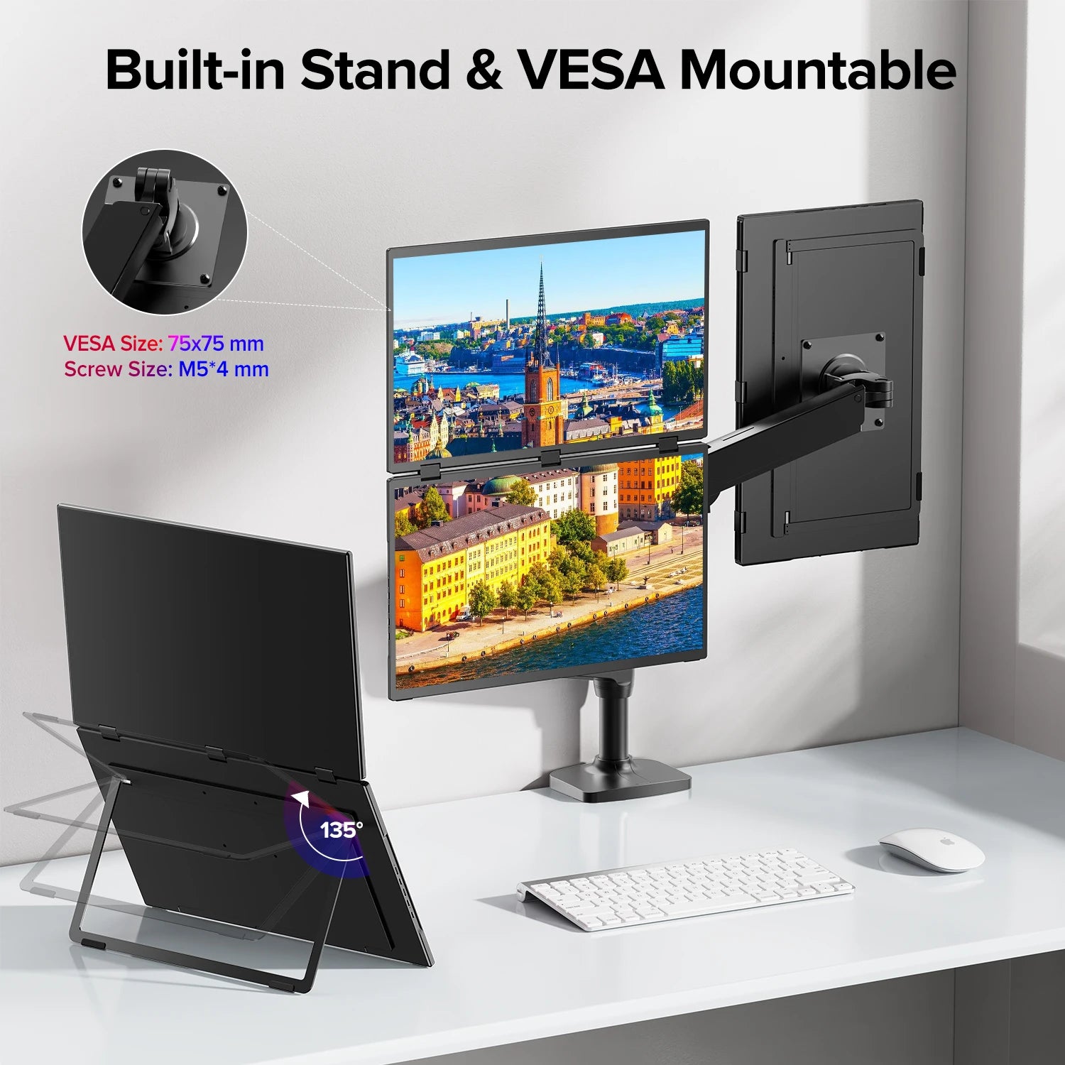 Cdisplay 18.5"120Hz Dual Screen Portable Monitor 1080P 360° Foldable Dual Monitors HDMI USB-C Stacked Triple  for PC Laptop